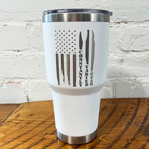 30oz white tumbler with cvg distressed flag design