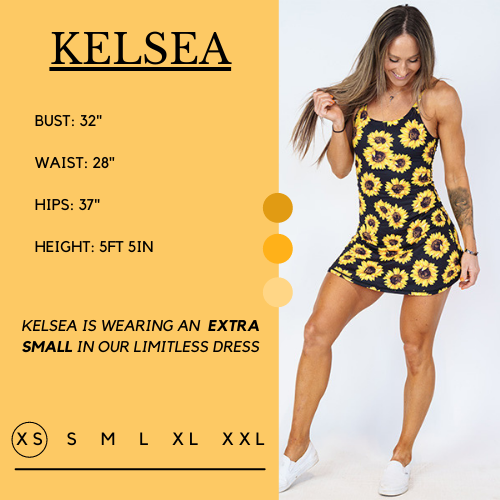 Graphic showing the measurements of a model and what size she wears for the dress. Her bust is 32 inches, waist is 28 inches, hips are 37 inches, and height is 5 foot and 5 inches. She wears an extra small in the dress