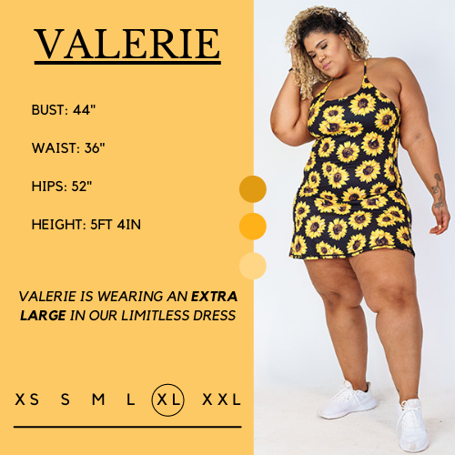 Graphic of a model showing her measurements and what size she wears for the dress. Her bust is 44 inches, waist is 36 inches, hips are 52 inches, and height is 5 feet and 4 inches. She wears an extra large in the dress