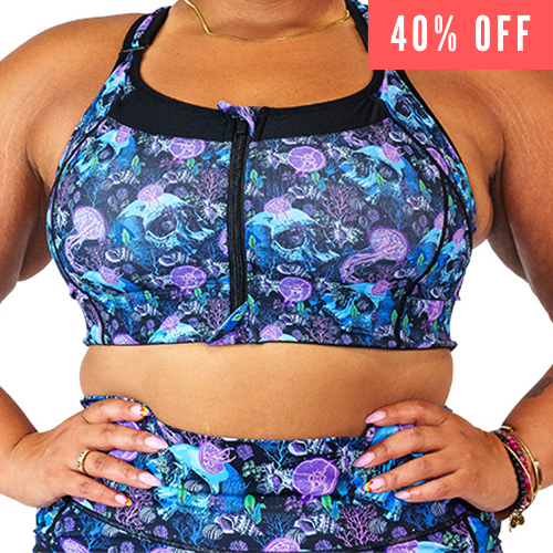 40% off of blue and purple skull and jelly fish print front zipper sports bra