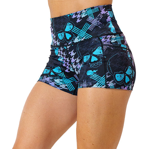 side view of 2.5 inch blue and purple skull and line patterned shorts