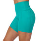 side view of teal green 5 inch shorts 