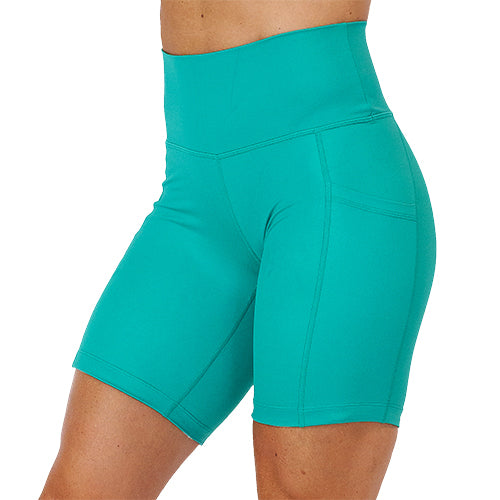 front view of teal green 7 inch shorts 