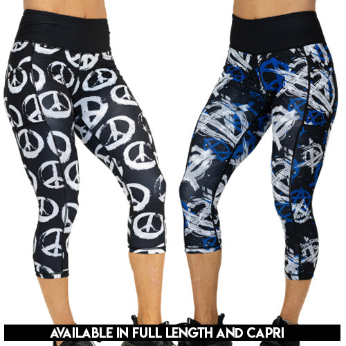 2 in 1 reversible peace sign and anarchy patterned leggings available in full length and capri