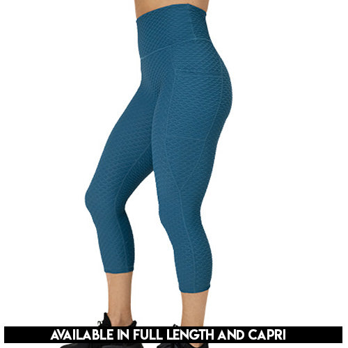 solid teal textured print leggings available in full length and capri