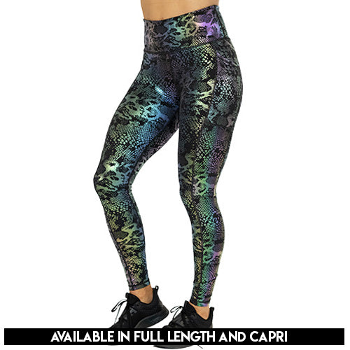 black, purple and green holographic leggings available in full length and capri 