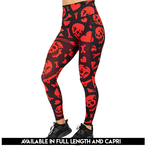 red and black leggings with skulls, bones and hearts available in full length and capri