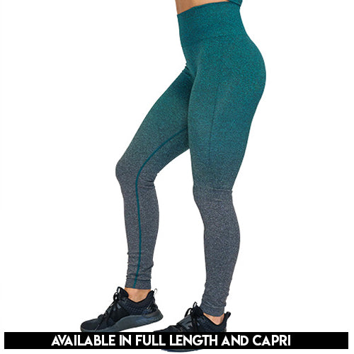 Photo of teal ombre full length leggings. These are teal at the top and fade to grey at the bottom of the legs.