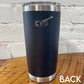 back of black tumbler with silver cvg logo and knife in the top center 