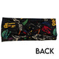 back view of black headband with yellow, red, blue and white dinosaur skull and bones detail