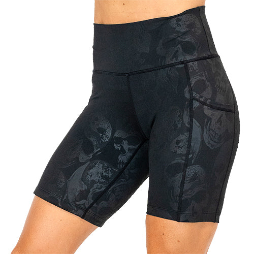 front view of black on black skull print 7 inch shorts