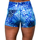 back view of 2.5 inch blue cheetah and tiger print patterned shorts 
