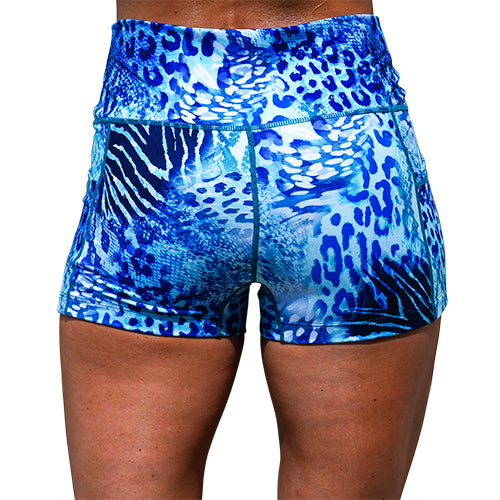 back view of 2.5 inch blue cheetah and tiger print patterned shorts 