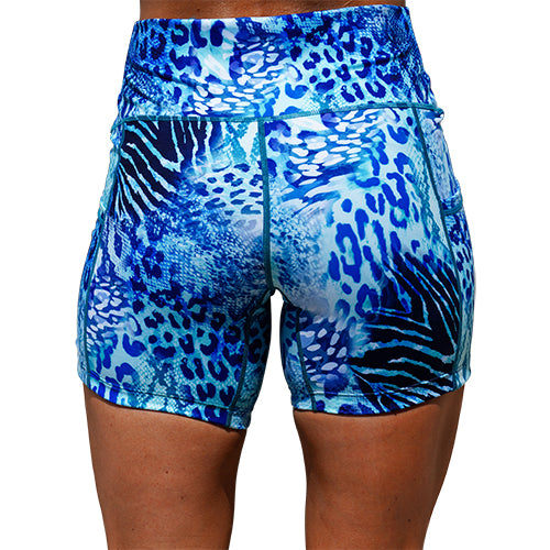 back view of 5 inch blue cheetah and tiger print patterned shorts