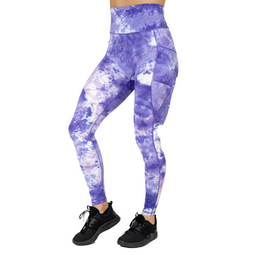front view of purple colored tie dye full length leggings 