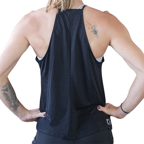 back view of the black high neck flowy tank top