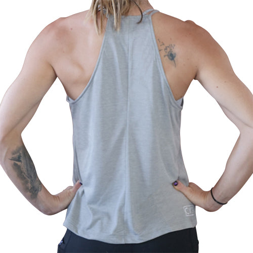 back view of the light grey high neck flowy tank top