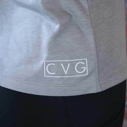 close up of the cvg logo at the bottom corner of the tank top