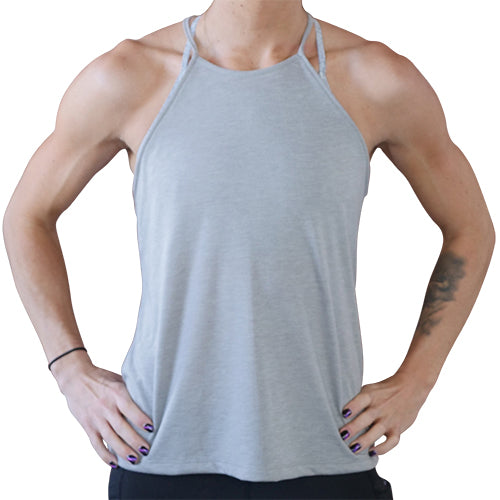 model wearing a light grey high neck flowy tank top