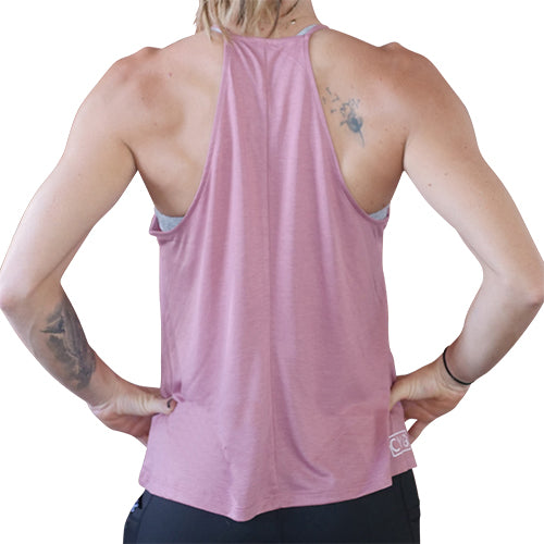back view of the light pink high neck flowy tank top