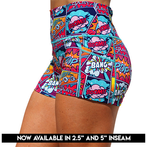 pop art inspired shorts now available in 2.5 and 5 inch inseam 
