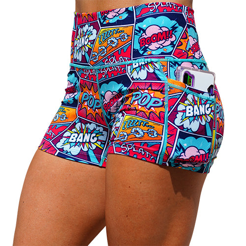 front view of 2.5 inch pop art inspired shorts