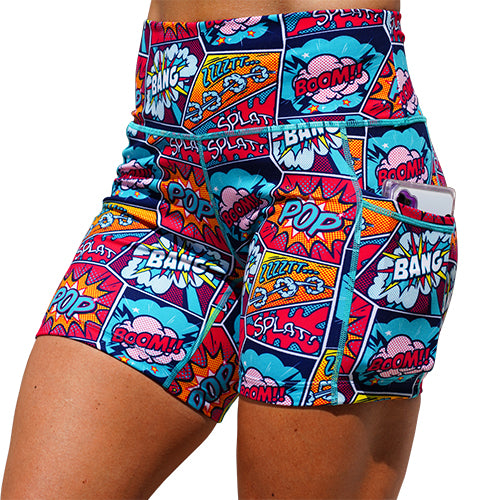 front view of 5 inch pop art inspired shorts