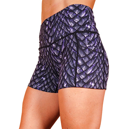 side view of purple scale pattern shorts