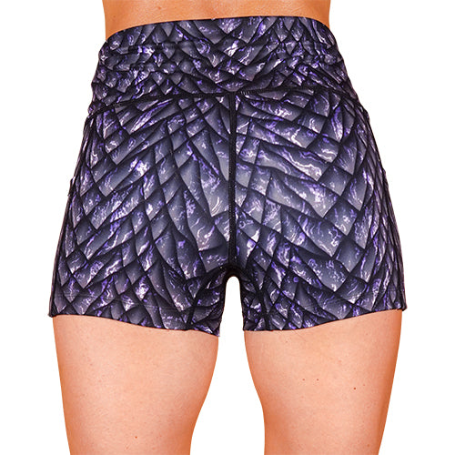 back view of purple scale pattern shorts