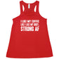 "I Like My Coffee Like I Like My Body Strong AF" quote in white lettering on red racerback shirt