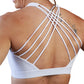 back view of butterfly back strap design on the all white sports bra