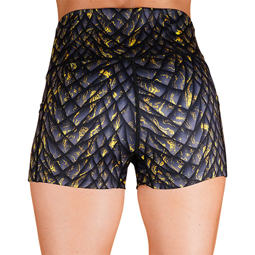 back view of yellow and grey scale pattern shorts