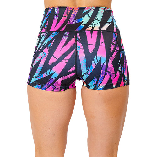 back view of 2.5 inch 90's inspired colorful line design shorts