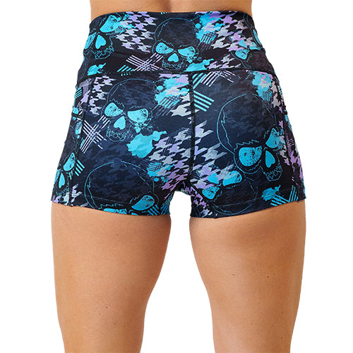 back view of 2.5 inch blue and purple skull and line patterned shorts