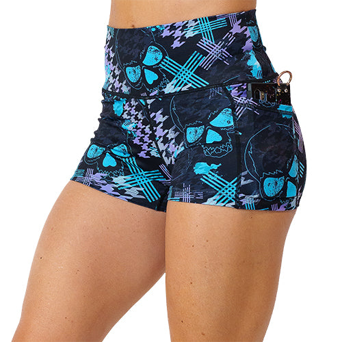 front view of blue and purple skull and line patterned shorts