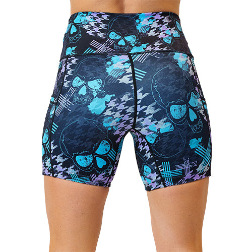 back view of 5 inch blue and purple skull and line patterned shorts