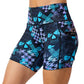blue and purple skull and line patterned shorts