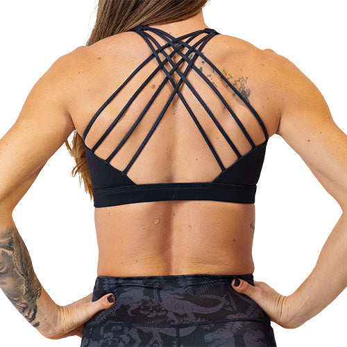 back view of butterfly back strap design on the sports bra 