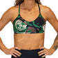 front view of green, black, brown and tan camo skull patterned bra 