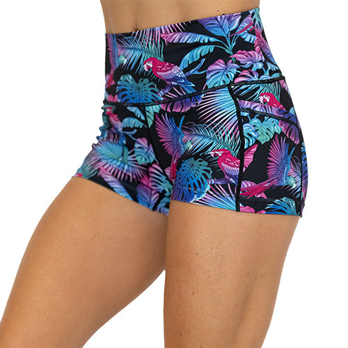 front view of bird and palm tree design on 2.5" shorts