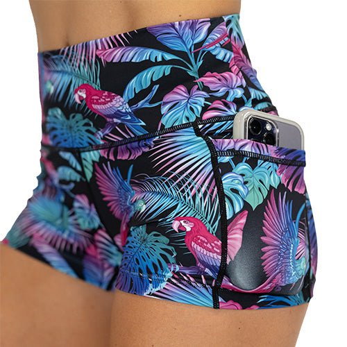 side pocket close up view of bird and palm tree design on 2.5" shorts