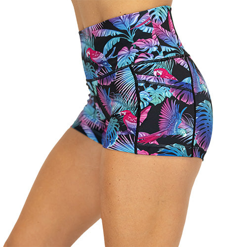 side view of bird and palm tree design on 2.5" shorts