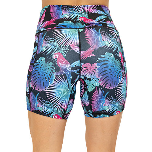 back view of bird and palm tree design on 5" shorts