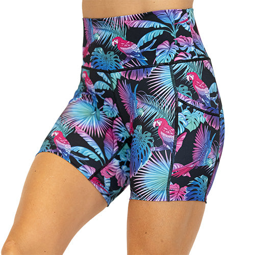 front view of bird and palm tree design on 5" shorts 