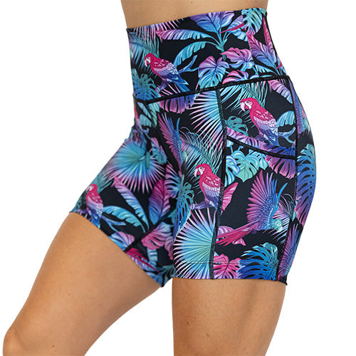 side view of bird and palm tree design on 5" shorts