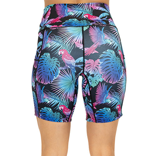 back view of bird and palm tree design on 7" shorts