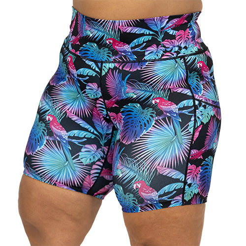 front view of bird and palm tree design on 7" shorts