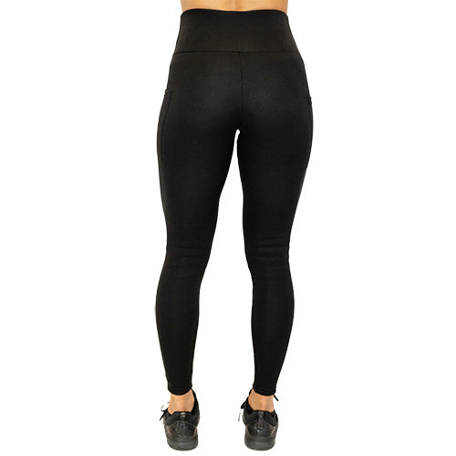 back view of full length black solid colored leggings