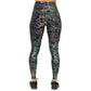 back view of black, purple and green holographic full length leggings