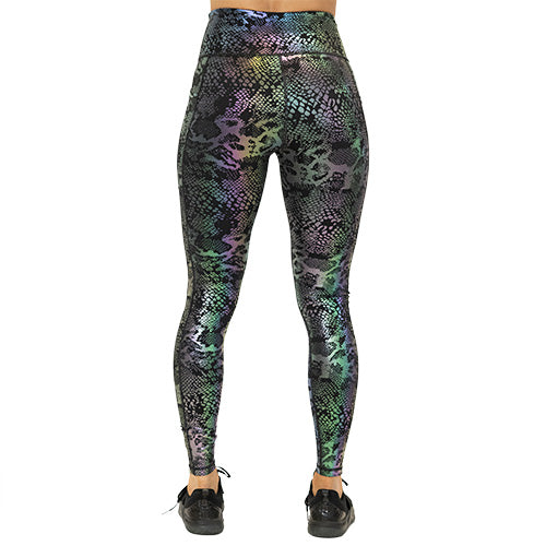 back view of black, purple and green holographic full length leggings